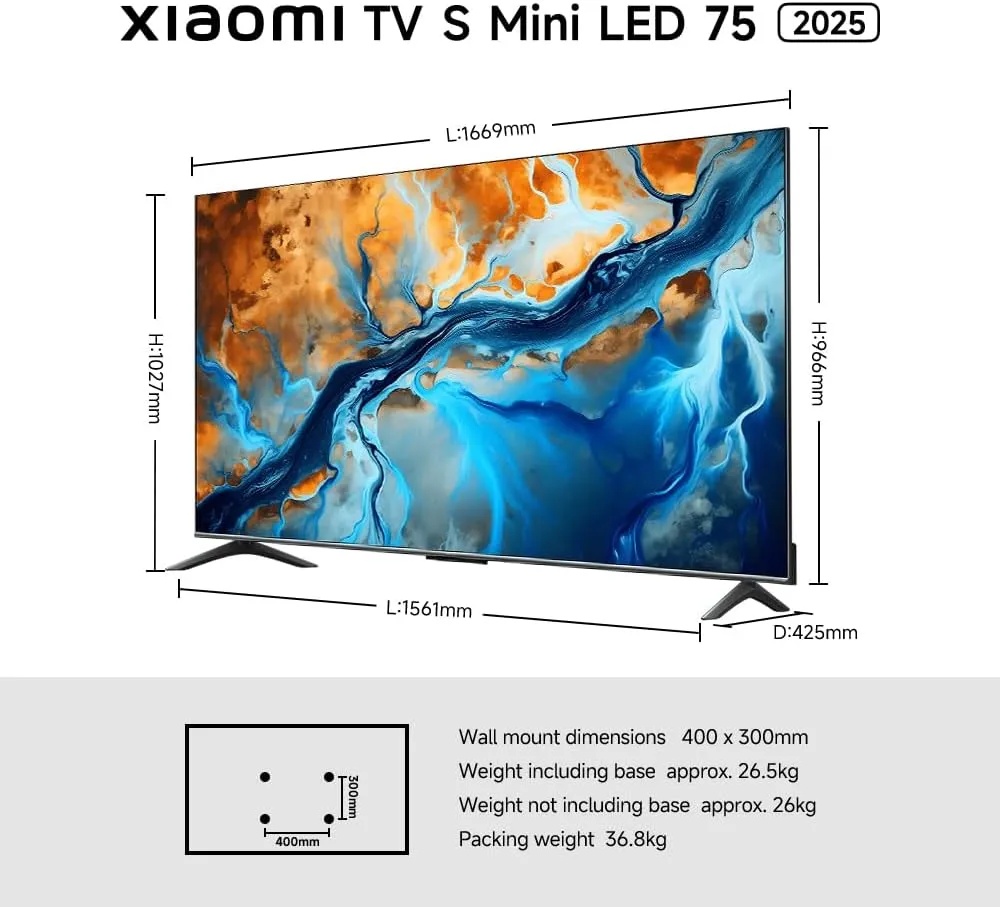 Xiaomi TV S Mini LED 75-Inch (2025) – 4K QD-Mini LED, Google TV, Dolby Vision, Dolby Atmos, 144Hz Refresh Rate
