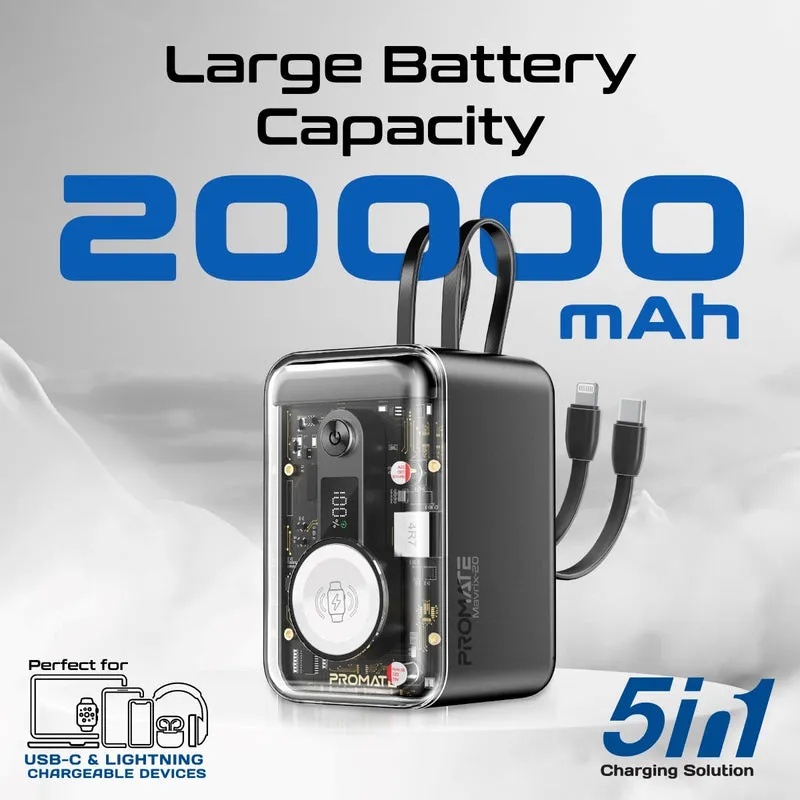 PROMATE 65WPD 20000mAh Power Bank – Transparent Design, Multi-Device Charging, Built-in USB-C & Lightning Cables | Mavrix-20 |