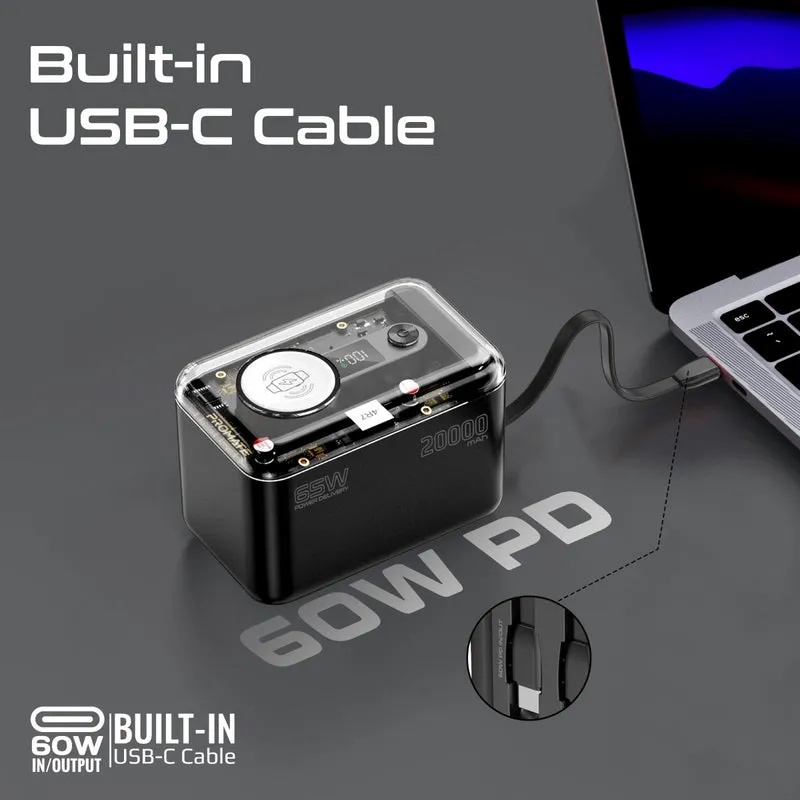 PROMATE 65WPD 20000mAh Power Bank – Transparent Design, Multi-Device Charging, Built-in USB-C & Lightning Cables | Mavrix-20 |