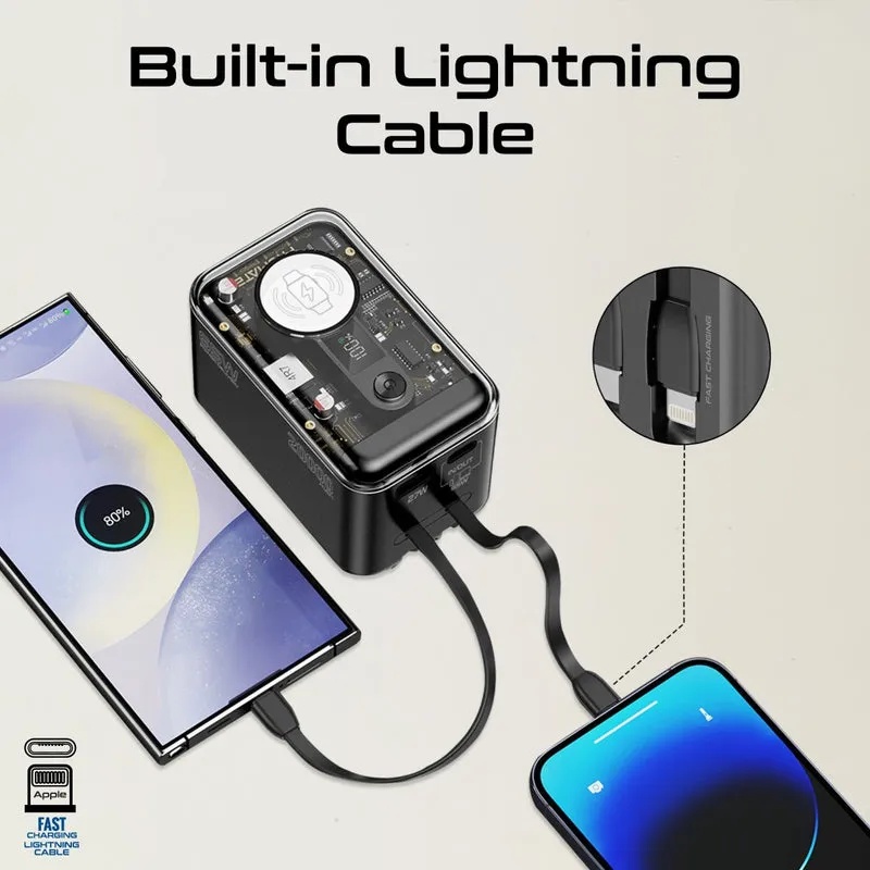 PROMATE 65WPD 20000mAh Power Bank – Transparent Design, Multi-Device Charging, Built-in USB-C & Lightning Cables | Mavrix-20 |