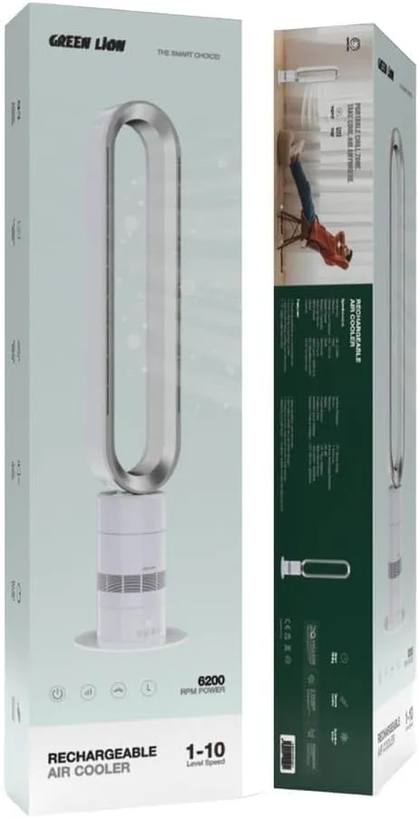 Green Lion Air Cooler – Rechargeable, Portable Leafless Design, 3 Fan Speeds, Up to 6 Hours Runtime, 8000mAh Battery | GNREAIRCOLSWH | GNREAIRCOLDWH |