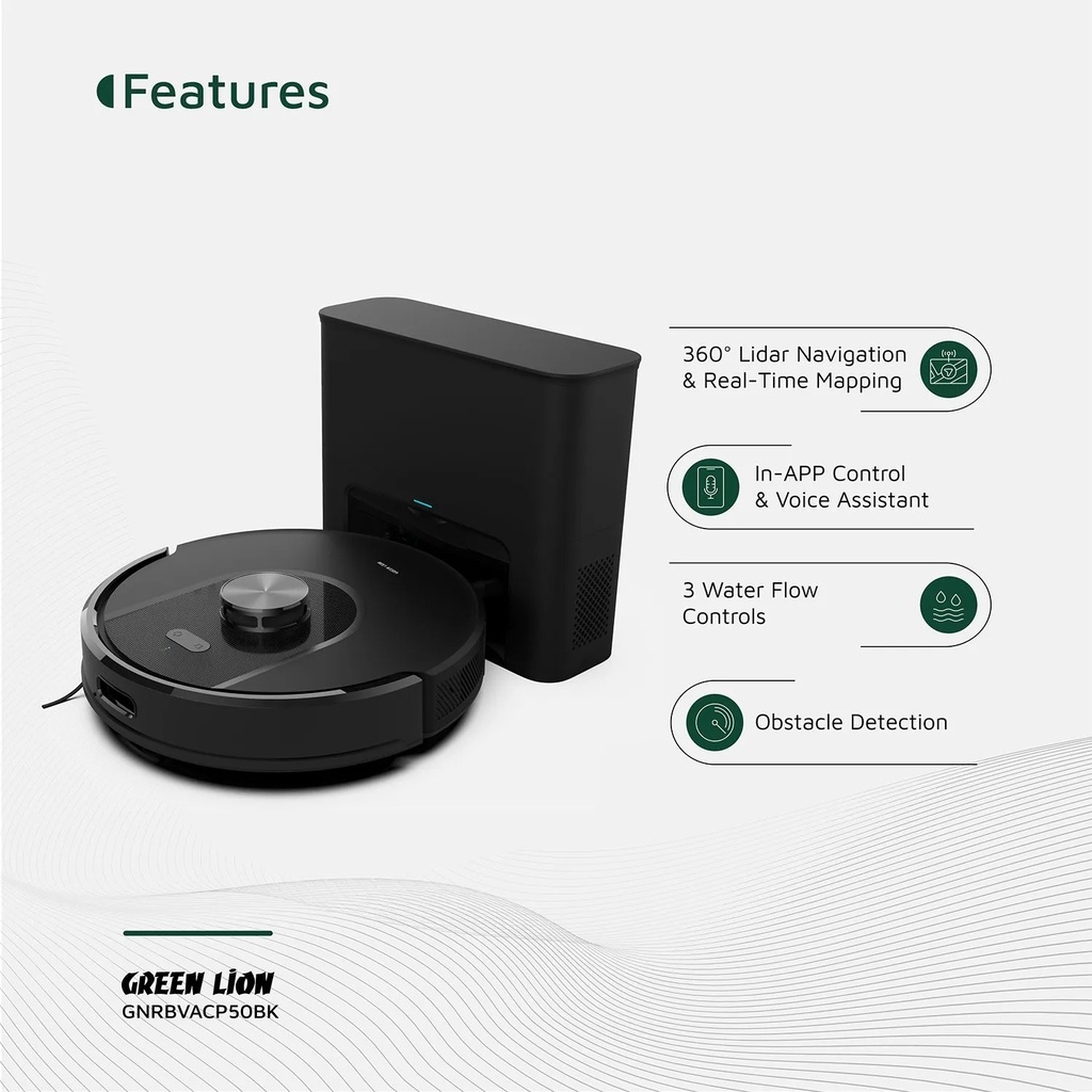 Green Lion Smart Robot Vacuum Pro – 4000Pa Suction, 360° LiDAR Navigation, Self-Empty Dock, 140min Runtime | GNRBVACP50BK |