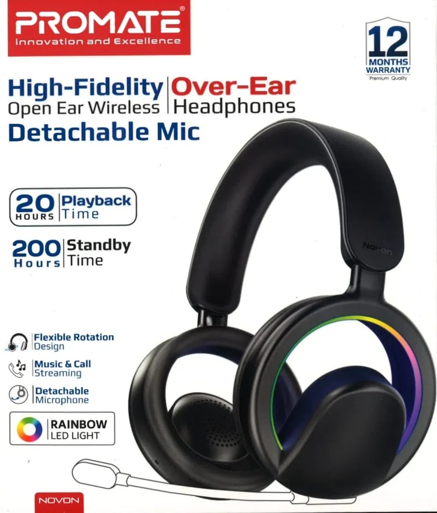 Promate High-Fidelity Over-Ear Wireless Headphones – Open-Ear Design, Detachable Microphone | NOVON |