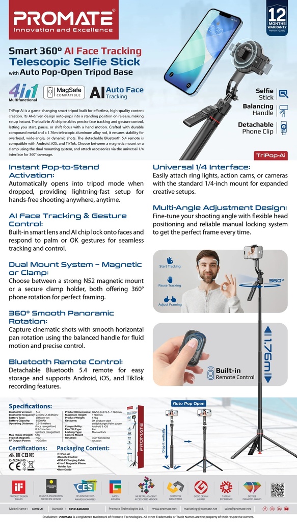 Promate Smart Tripod – 176cm Telescopic Rod, Auto‑Pop Base, 360° AI Face Tracking, Gesture Control, Dual Mount Clamp, Magnetic Bluetooth 5.4 Remote | TriPop‑Ai |