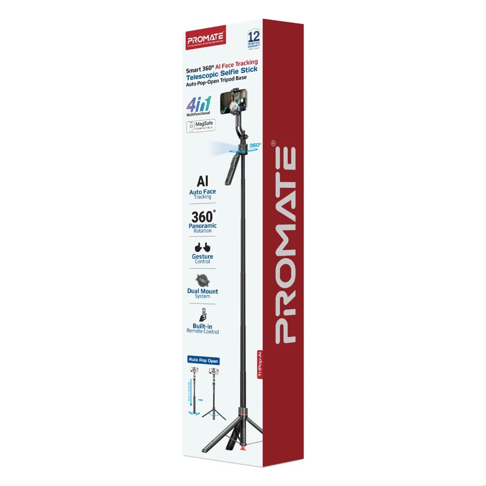 Promate Smart Tripod – 176cm Telescopic Rod, Auto‑Pop Base, 360° AI Face Tracking, Gesture Control, Dual Mount Clamp, Magnetic Bluetooth 5.4 Remote | TriPop‑Ai |