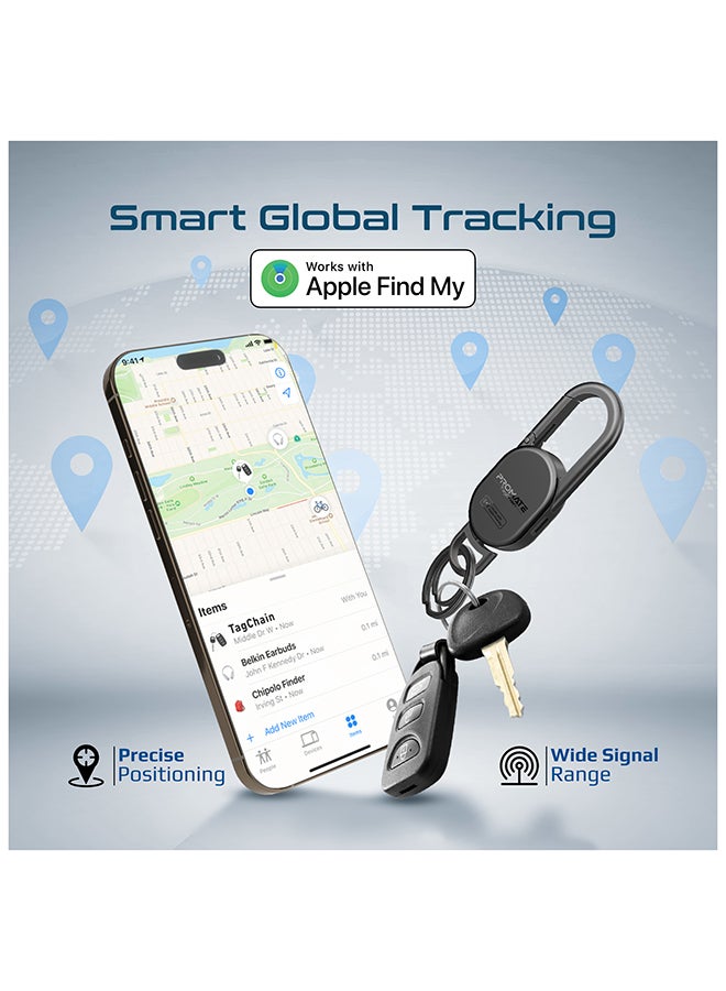Promate Smart Carabiner Keychain – Apple Find My Compatible, IP67 Water-Resistant, Rechargeable Battery, 90dB Sound Alert, 50m Range, Ideal for Bags, Pet Collars, Keys & Luggage | TagChain |