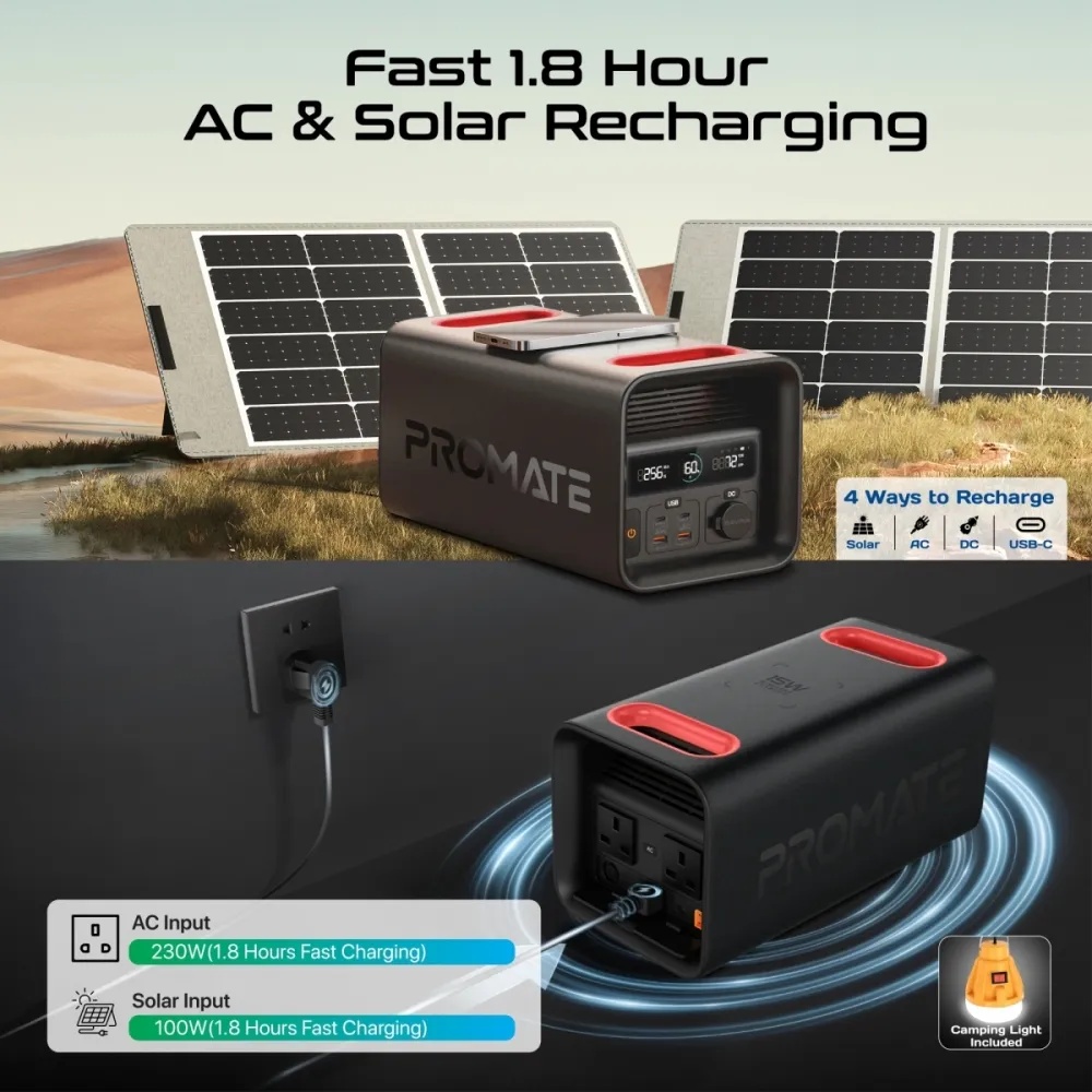 Promate Portable Power Station – 600W Output, 161000mAh LiFePO4 Battery, PD100W, 30W USB‑C, Dual AC, QC18W USB‑A, 15W Wireless Charging, Solar Input, Fast Recharge, Bluetooth App Control | PowerTank600 |