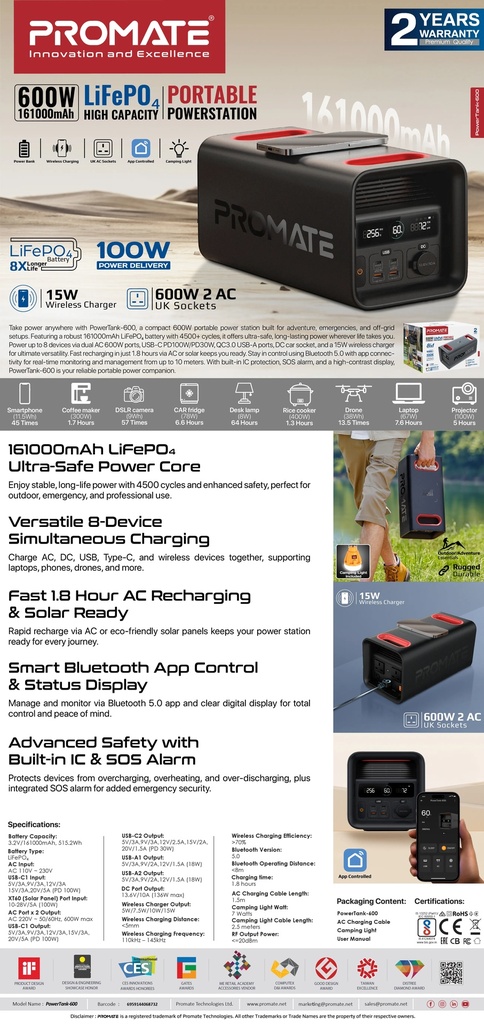Promate Portable Power Station – 600W Output, 161000mAh LiFePO4 Battery, PD100W, 30W USB‑C, Dual AC, QC18W USB‑A, 15W Wireless Charging, Solar Input, Fast Recharge, Bluetooth App Control | PowerTank600 |