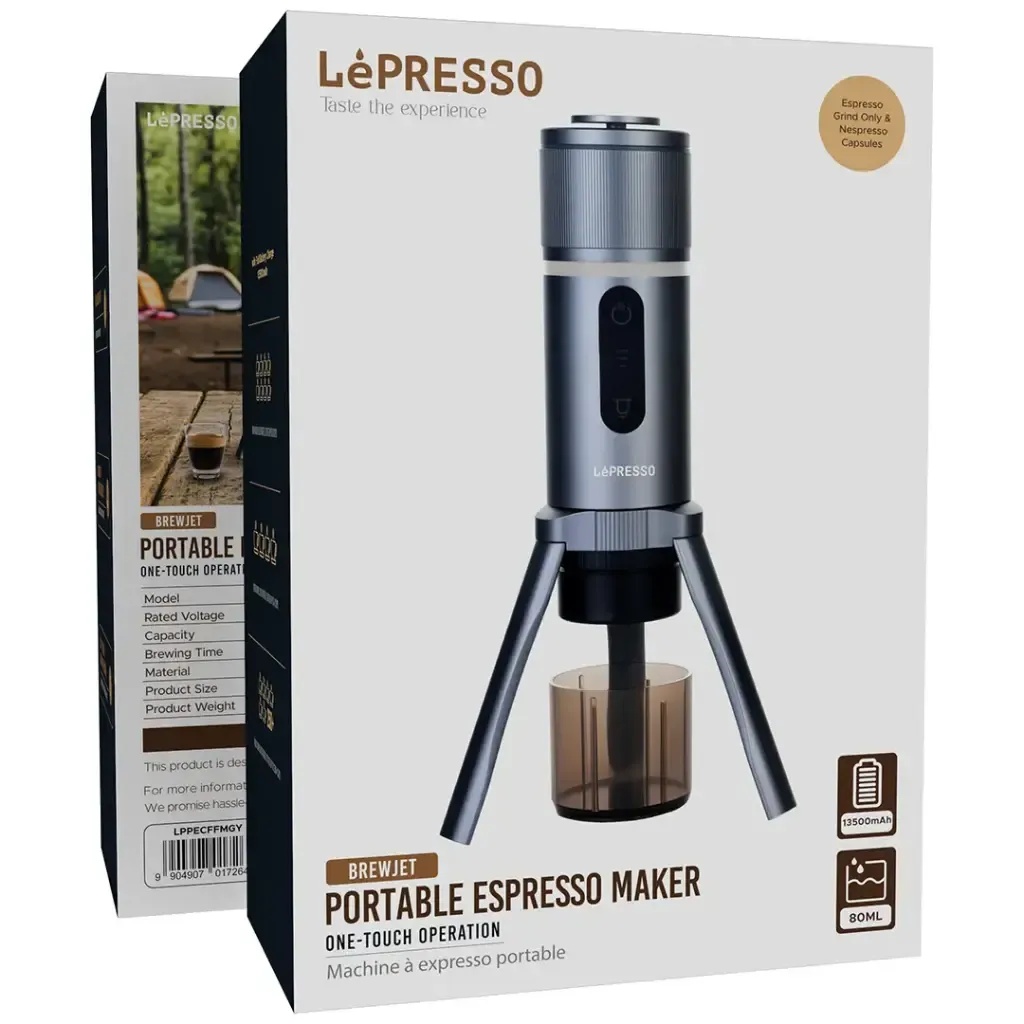 Lepresso Brewjet Portable Espresso Maker – 12V/220V Compact Coffee Brewer, 80mL Capacity, One‑Touch Operation, Compatible with Capsule & Ground Coffee | LPPECFFMGY |