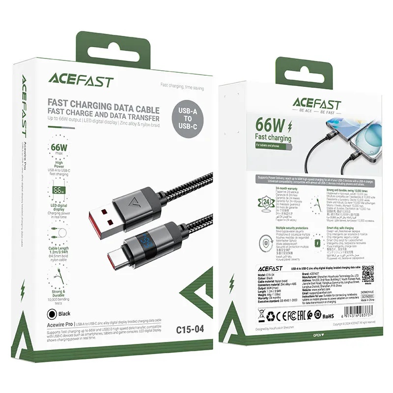 ACEFAST C15‑04 USB‑A to USB‑C Cable – 66W Fast Charge & Sync, 1.2m Braided Cable with LED Display | C15‑04 |
