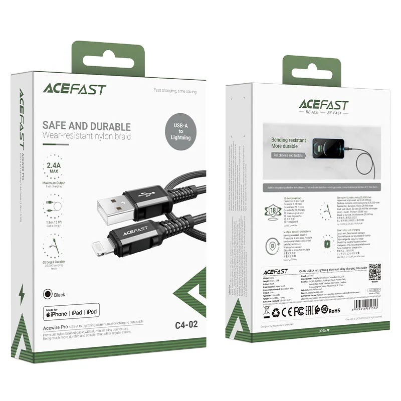 ACEFAST USB‑A to Lightning Charging & Data Cable – 1.8m MFi Certified, Durable Braided Design | C4‑02 |