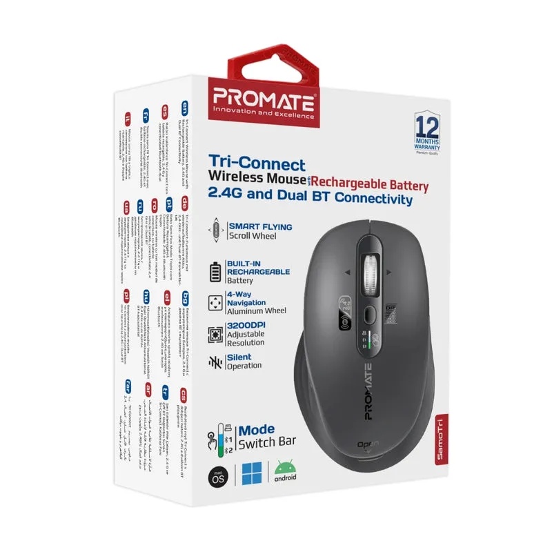 Promate Wireless Mouse – Tri-Connect (Bluetooth 5.0 + 2.4GHz), Rechargeable, Ergonomic Design, Multi-Device, 3200 DPI | SamoTri |