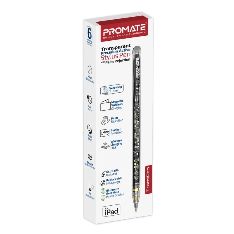 Promate Transparent Precision Active Stylus – Palm Rejection, Capacitive Rechargeable Design, iPad Compatible | TransPen |