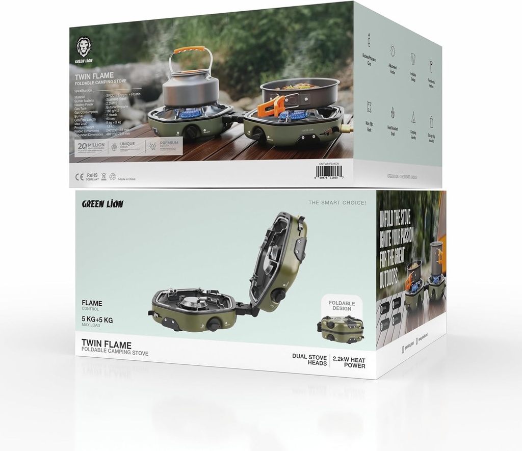 Green Lion Twin Flame Foldable Camping Stove, 160 g/h*2 Gas Consumption, Piezoelectric Ignition, Heat Resistant Shell, 5 kg + 5 kg Max Load, Non-Slip Rack, Adjustment Knobs-Green |GNTWNFLMGN|