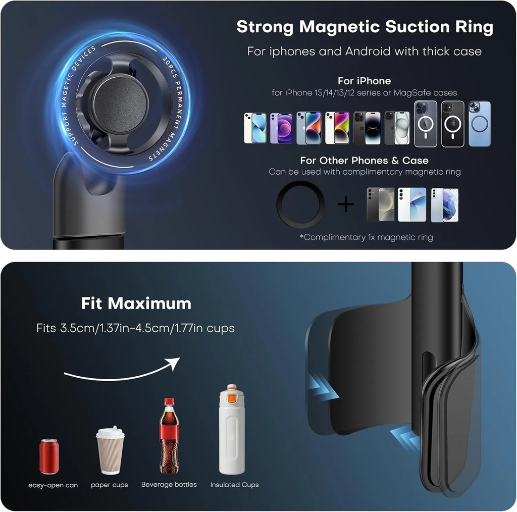 7MD 2‑in‑1 Car Cup Holder Expander & Magnetic Phone Mount – 360° Rotation, Adjustable Arm Extends to 36.2cm, Compatible with Smartphones & Drink Containers | 7MD49625 |