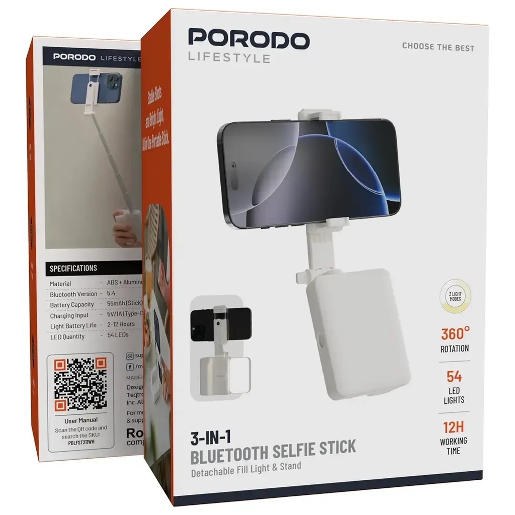 Porodo Lifestyle 3-in-1 Bluetooth Selfie Stick – Fill Light, 360° Rotation, 519mm Arm | PDLFST211WH |