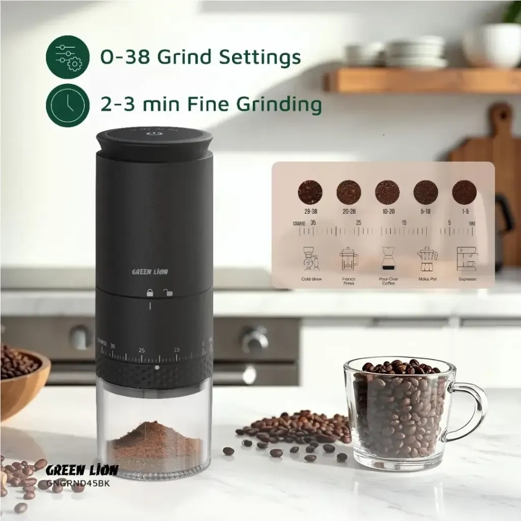 Green Lion Grind Pro – Rechargeable Electric Coffee Grinder, 38 Settings, Ceramic Core, 12500 RPM, USB‑C Charging | PDLFST211WH |