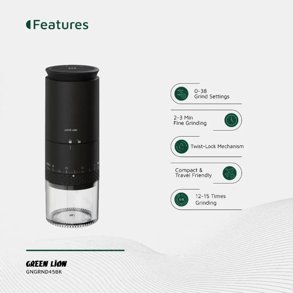 Green Lion Grind Pro – Rechargeable Electric Coffee Grinder, 38 Settings, Ceramic Core, 12500 RPM, USB‑C Charging | PDLFST211WH |