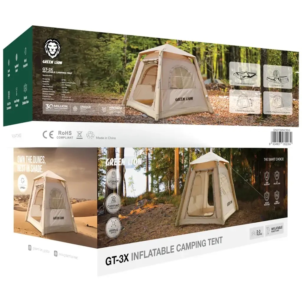 Green Lion GT‑3X Inflatable Tent – 2–3 Person, Waterproof, Quick Setup, UV & Wind Protection | GNGT3XINCTBG |