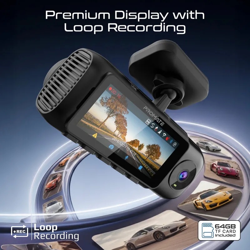 Promate 4K Ultra HD Dash Cam – Front, Cabin & Rear View, AI ISP, Night Vision, Parking Monitor | Rovex-S3 |