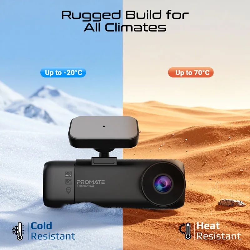 Promate 4K Ultra HD Dash Cam – Front, Cabin & Rear View, AI ISP, Night Vision, Parking Monitor | Rovex-S3 |