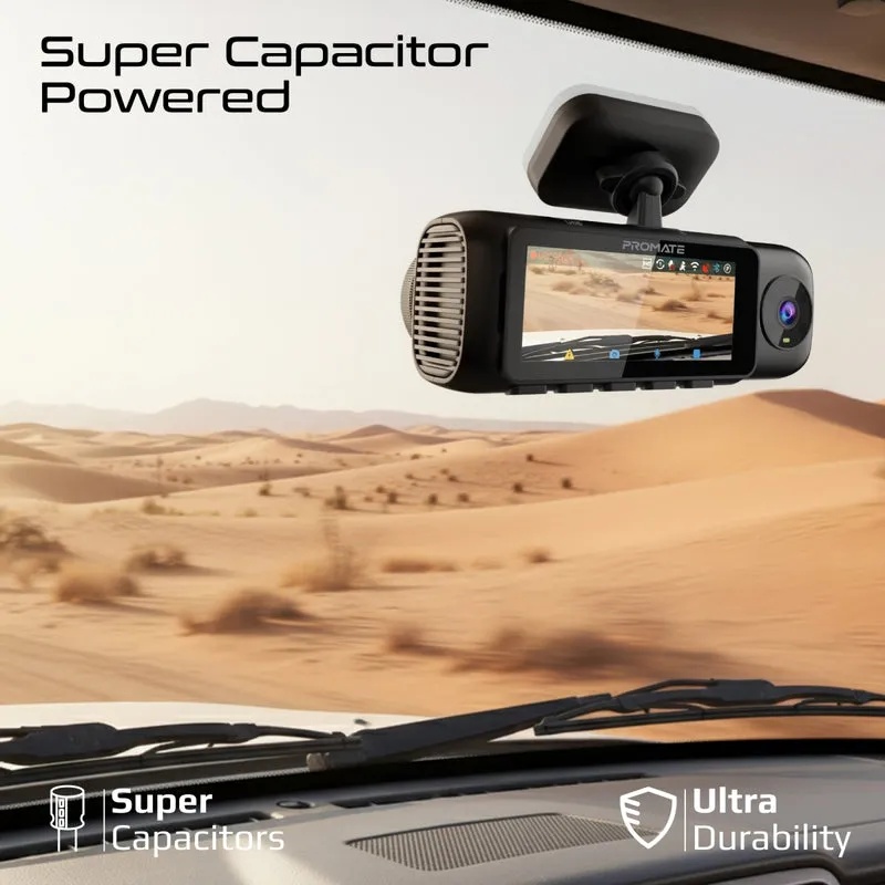 Promate 4K Ultra HD Dash Cam – Front, Cabin & Rear View, AI ISP, Night Vision, Parking Monitor | Rovex-S3 |
