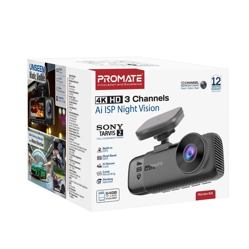 Promate 4K Ultra HD Dash Cam – Front, Cabin & Rear View, AI ISP, Night Vision, Parking Monitor | Rovex-S3 |