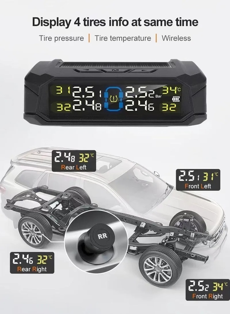 TPMS Tire Pressure Monitoring System with Solar Charging – Real-Time Pressure & Temperature Alerts