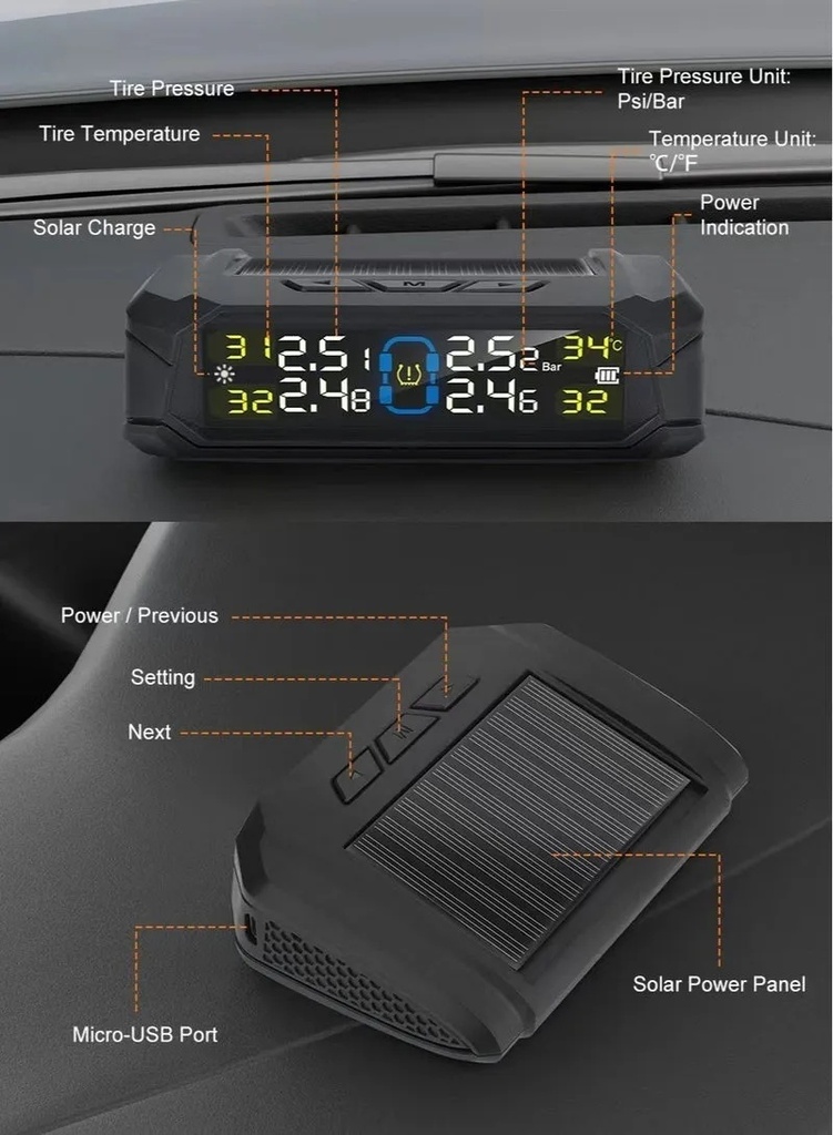 TPMS Tire Pressure Monitoring System with Solar Charging – Real-Time Pressure & Temperature Alerts