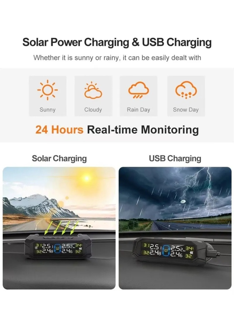 TPMS Tire Pressure Monitoring System with Solar Charging – Real-Time Pressure & Temperature Alerts