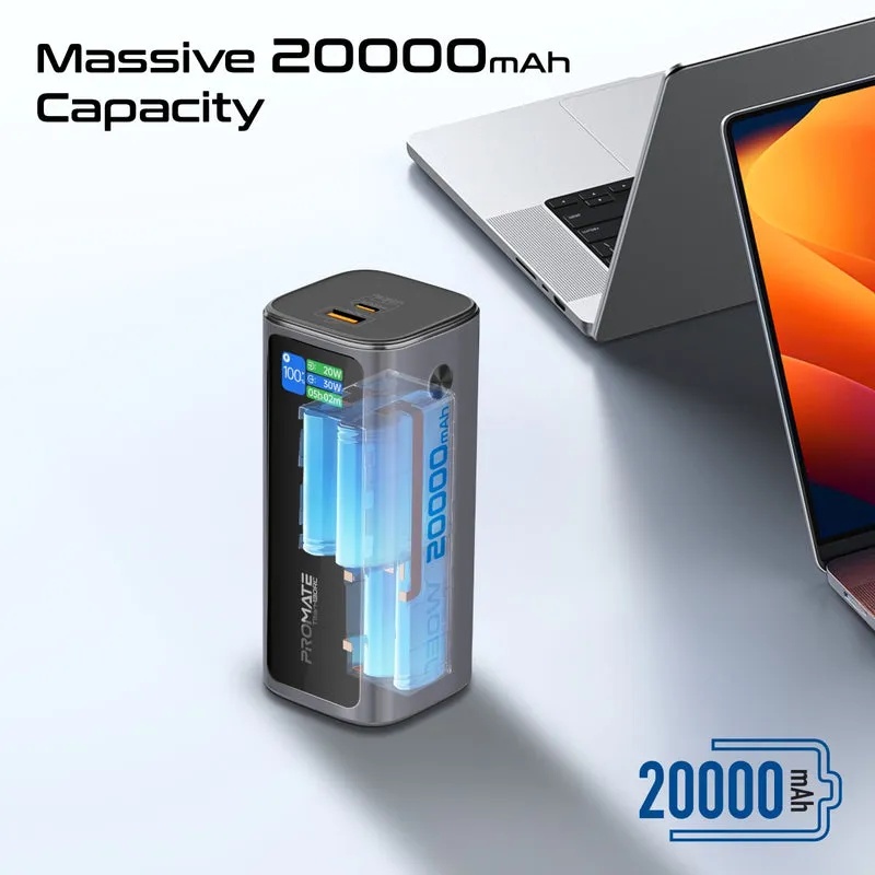 Promate Ultra-Compact 130W Multi-Port Power Bank, 20000mAh with Retractable USB-C Cable and TFT LCD Screen | Titan-130RC |