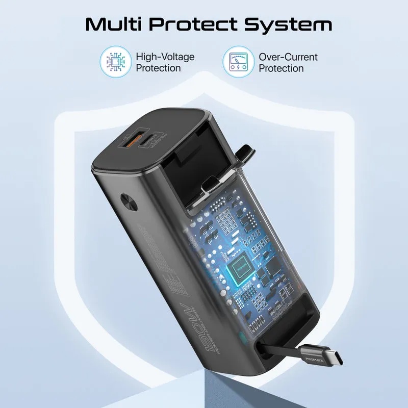 Promate Ultra-Compact 130W Multi-Port Power Bank, 20000mAh with Retractable USB-C Cable and TFT LCD Screen | Titan-130RC |