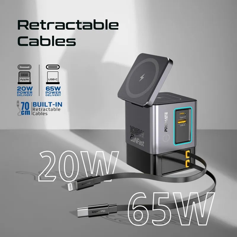 Promate 105W GaNFast Multi-Port Wireless Charging Station with Dual Retractable Cables | PowerSync-105 |