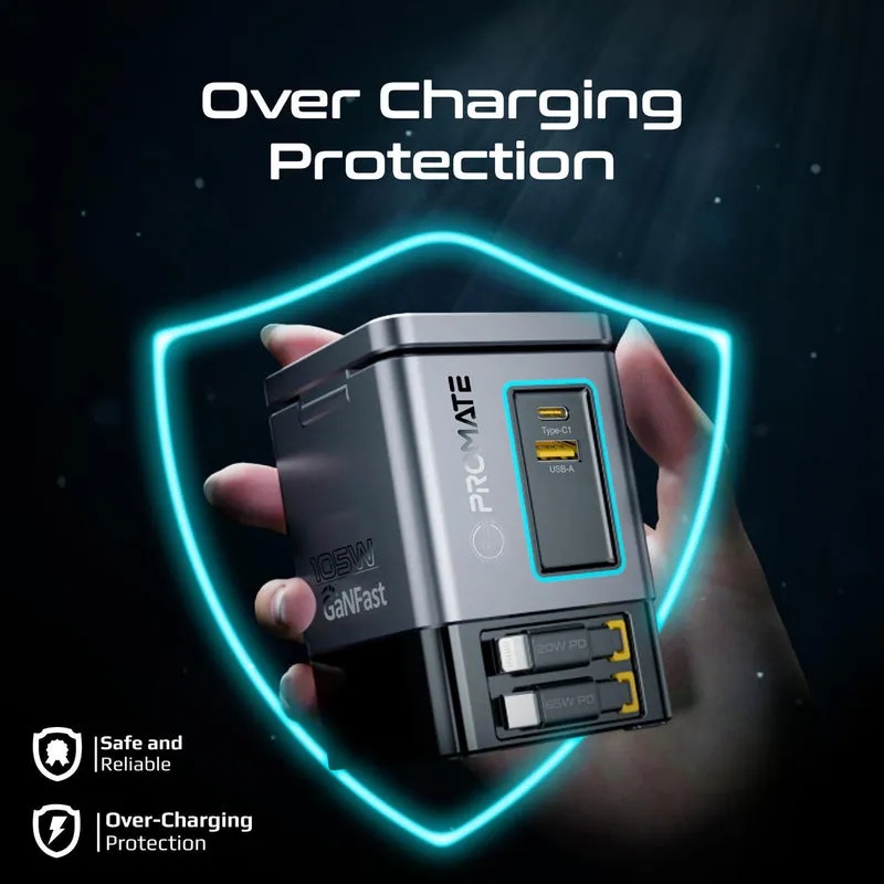 Promate 105W GaNFast Multi-Port Wireless Charging Station with Dual Retractable Cables | PowerSync-105 |
