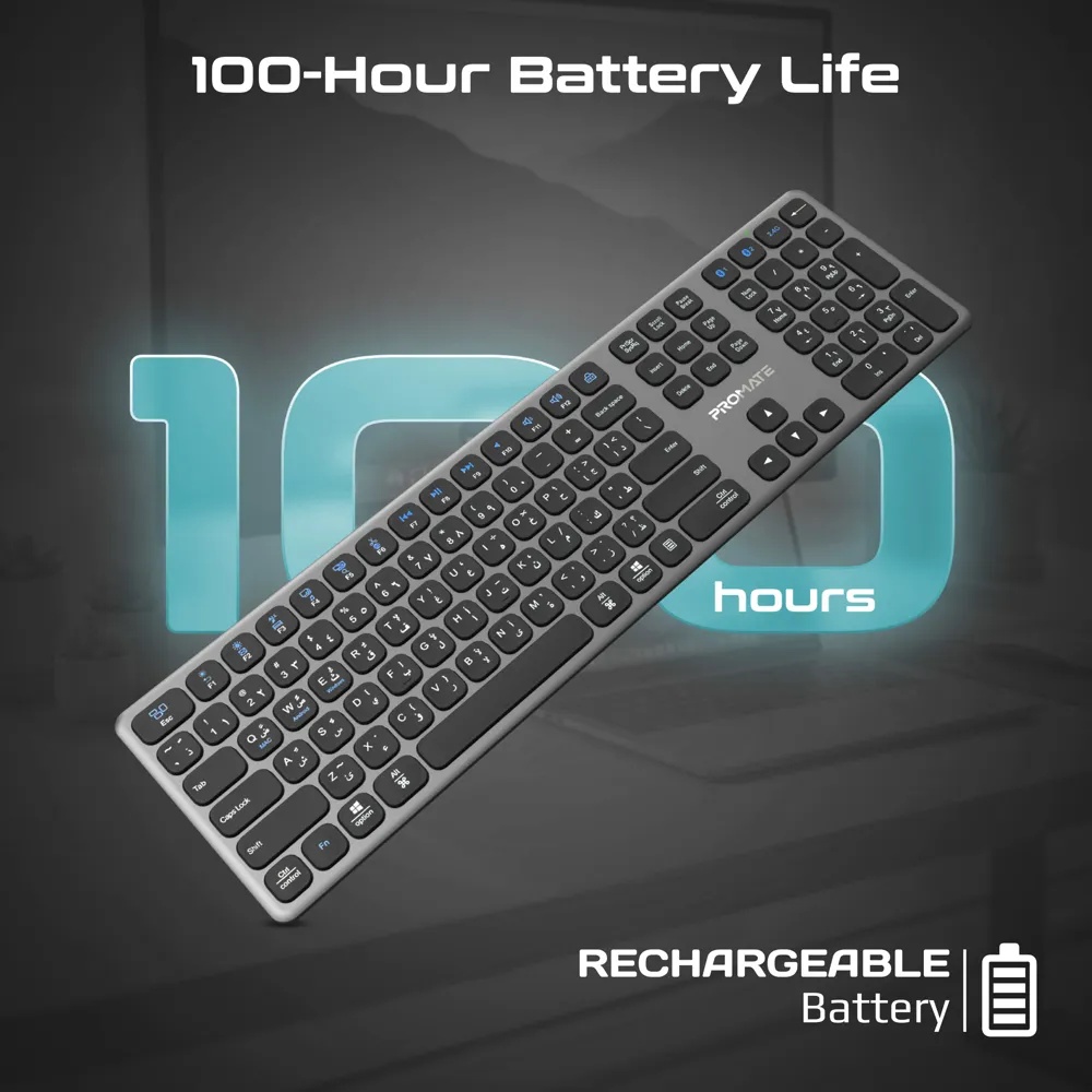 Promate Full-Size Slim Wireless Keyboard with Scissor Keys, Multi-Device Bluetooth 5.1 & 2.4GHz, USB-C Rechargeable, 100-Hour Battery, Compatible with Windows, Mac & Android | ProKeys-X2.EN\AR |