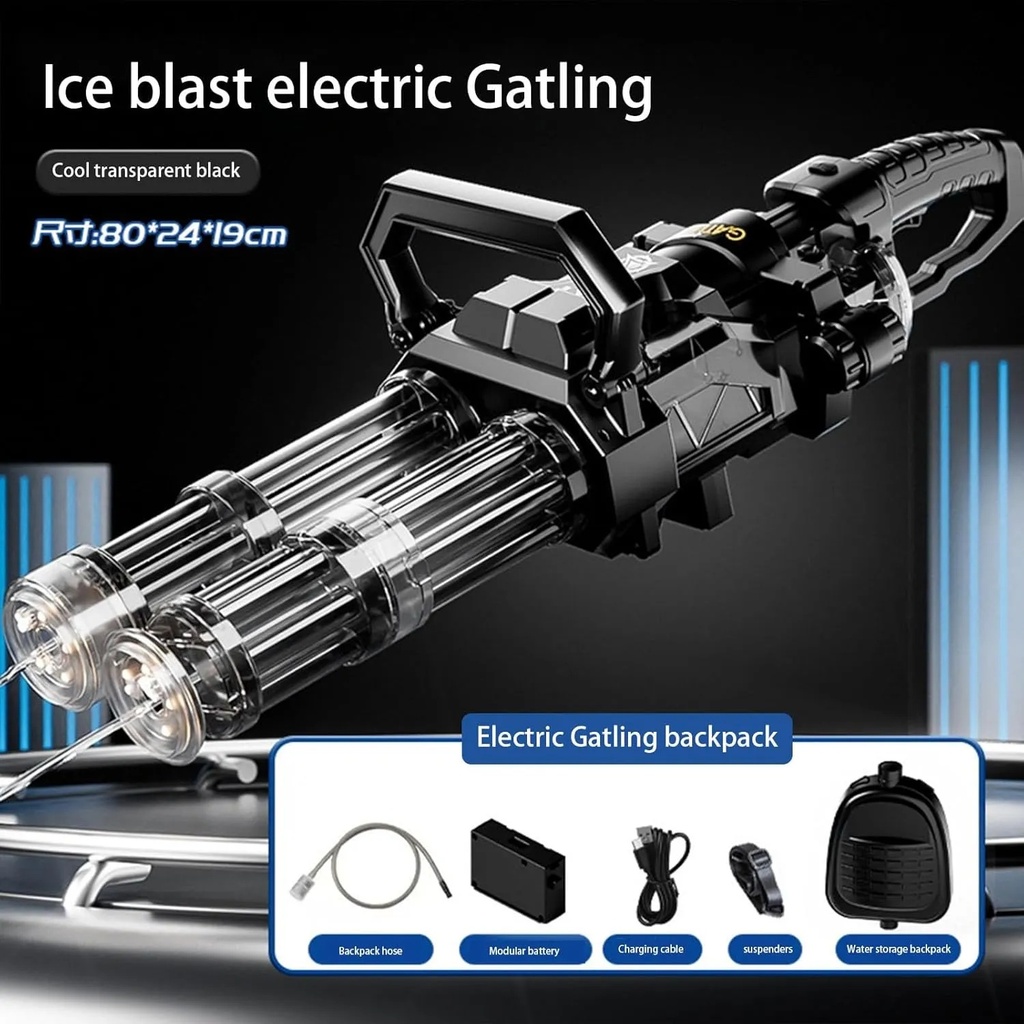 A&T TOY Super Gatling Water Gun – Double Barrel Automatic Water Gun with LED Lights, Rechargeable Battery & Large Backpack Tank | A&T-005G |