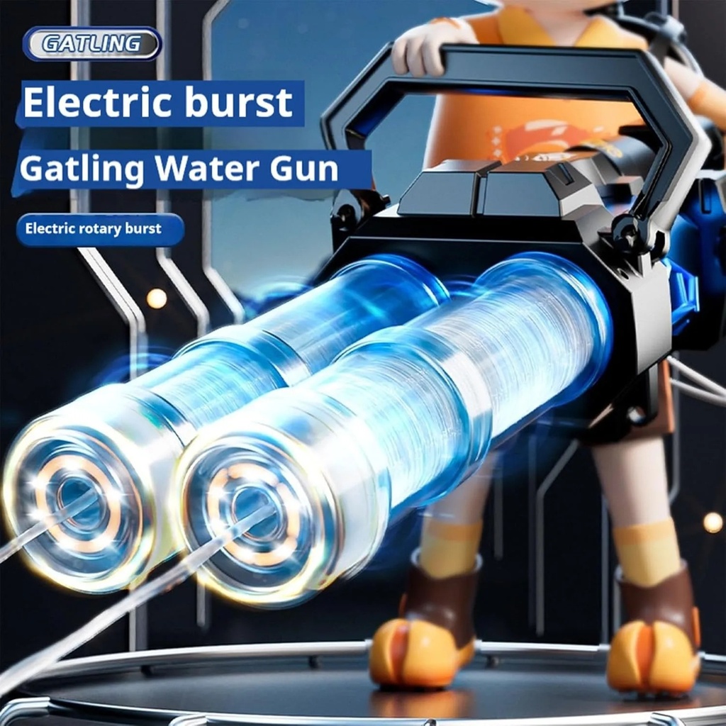 A&T TOY Super Gatling Water Gun – Double Barrel Automatic Water Gun with LED Lights, Rechargeable Battery & Large Backpack Tank | A&T-005G |