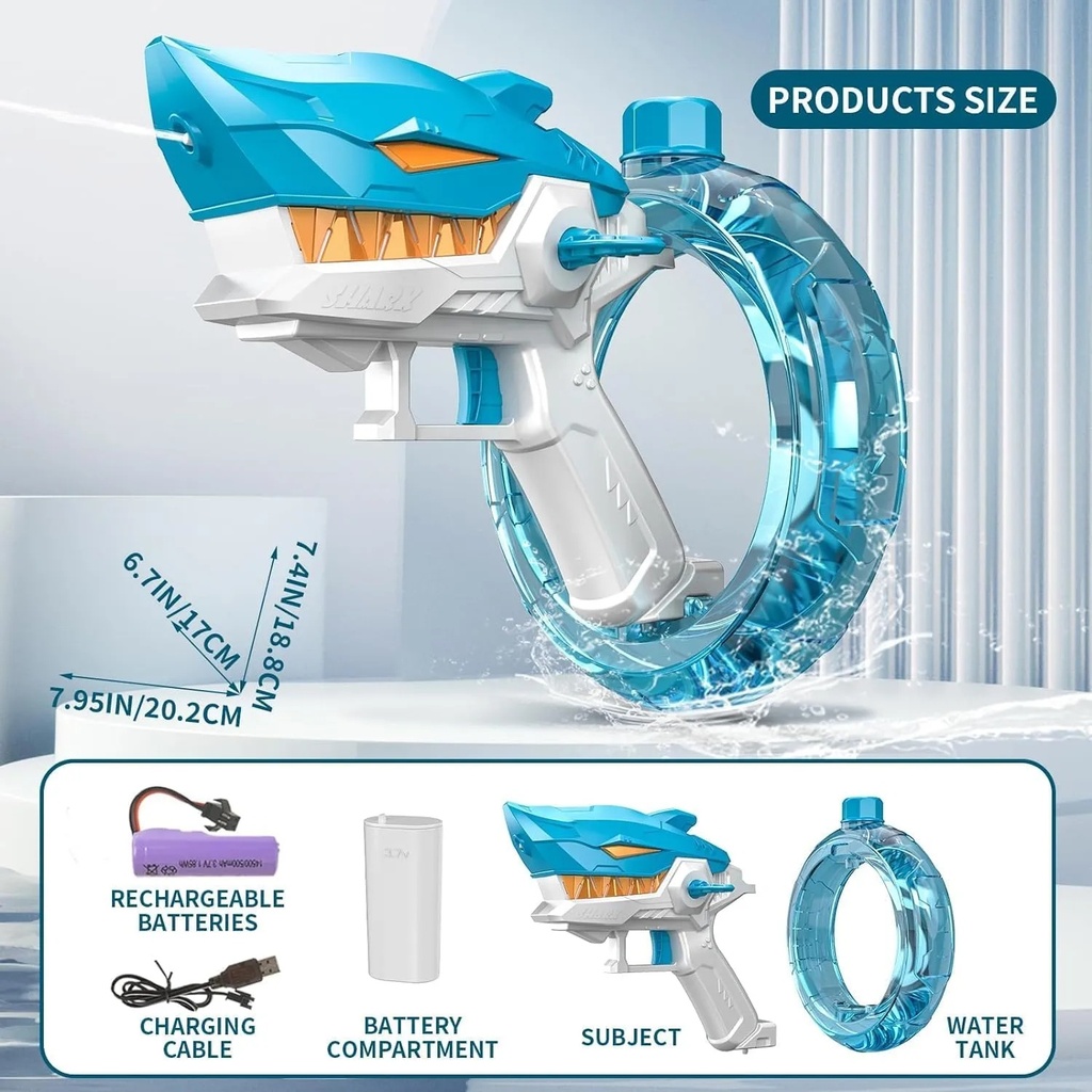 A&T TOY Electric Shark Water Gun for Kids & Adults – Powerful Automatic Water Blaster with 10m Long Range, 300cc Large Capacity, Rechargeable Summer Toy for Pool, Beach & Outdoor Parties (Ages 8–12+) | A&T-44025 |