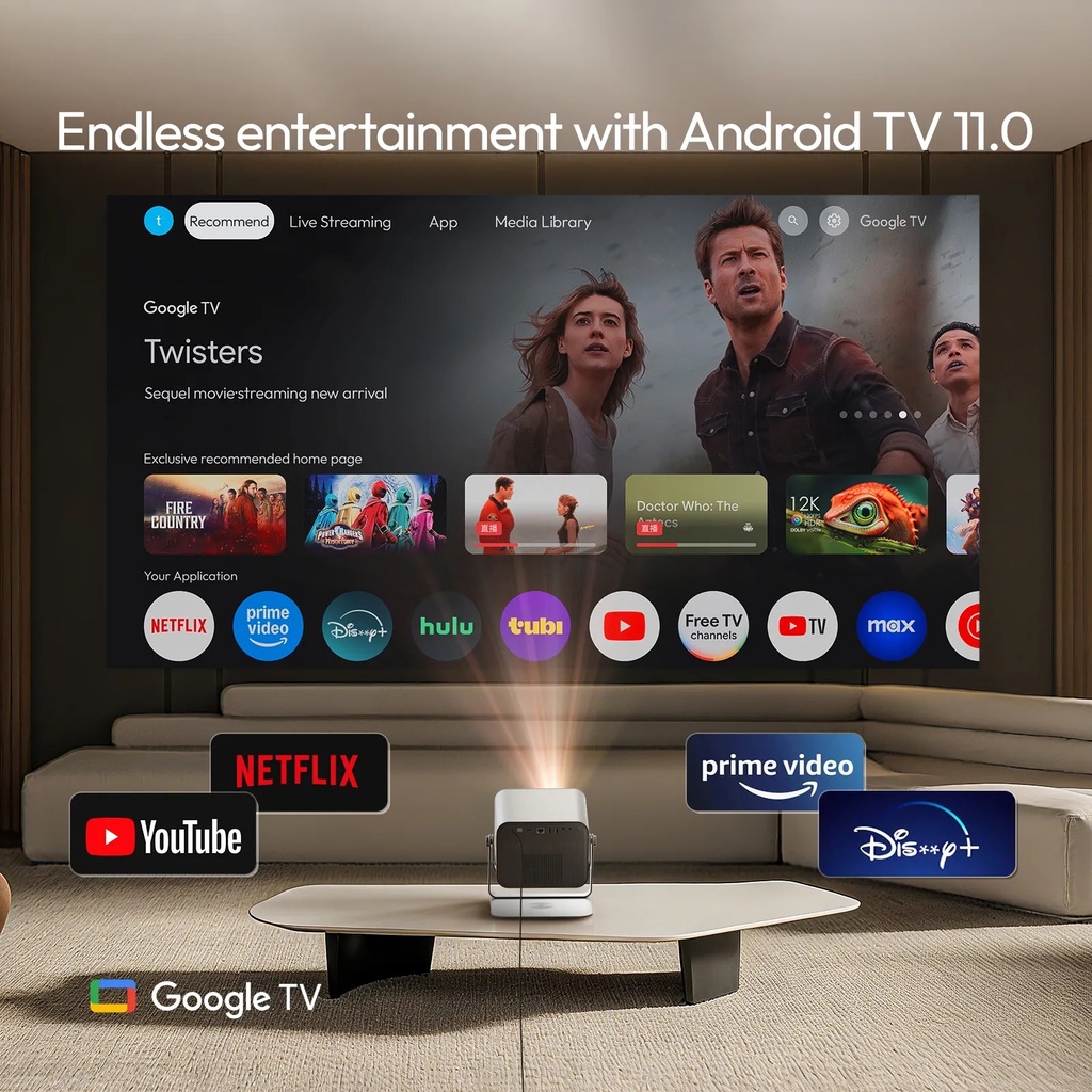 Byintek Smart WiFi DLP Projector with 2200 ANSI Brightness, Full HD 1080P, Google TV 11.0, PTZ Stand and Dual Wireless Microphones for Karaoke & Home Cinema With One Year Free SUB | UFO R90 Max |