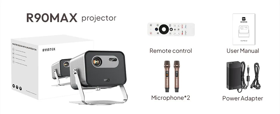 Byintek Smart WiFi DLP Projector with 2200 ANSI Brightness, Full HD 1080P, Google TV 11.0, PTZ Stand and Dual Wireless Microphones for Karaoke & Home Cinema With One Year Free SUB | UFO R90 Max |