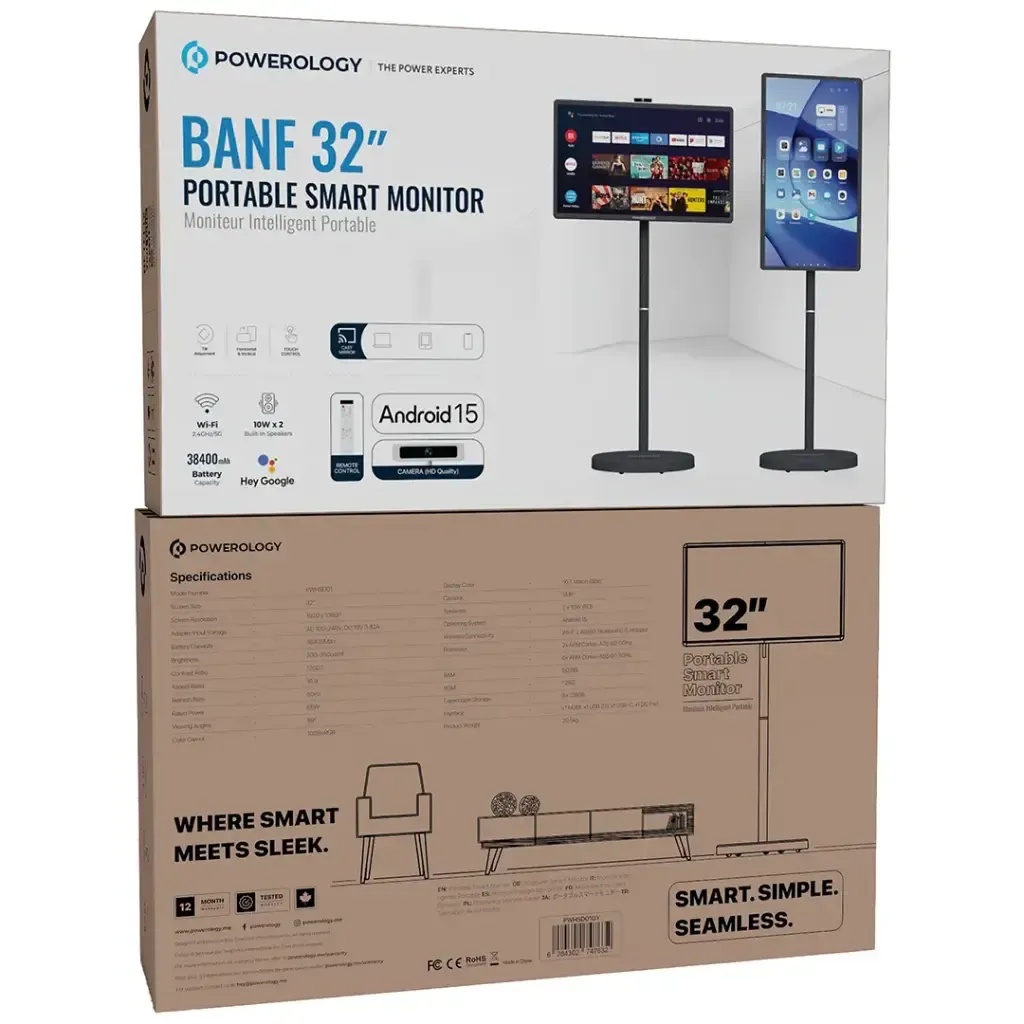 Powerology Banf 32″ Portable Smart Monitor with Built-in Battery, Full HD Touch Display & Android OS | PWHSD01 |