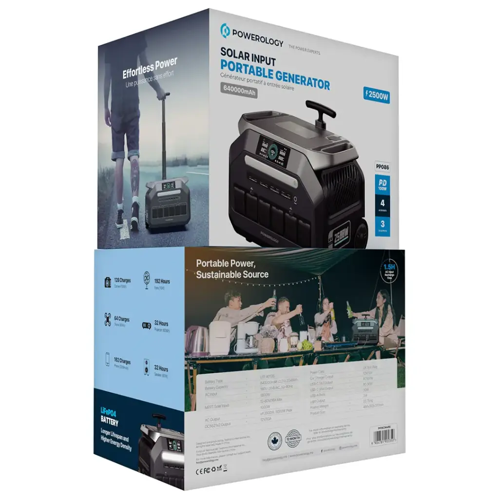 Powerology Solar Input Portable 640000mAh Generator – 2500W Output, 5000W Peak, MPPT Solar Input, 4 AC & USB-C PD Ports | PPBCHA86 |