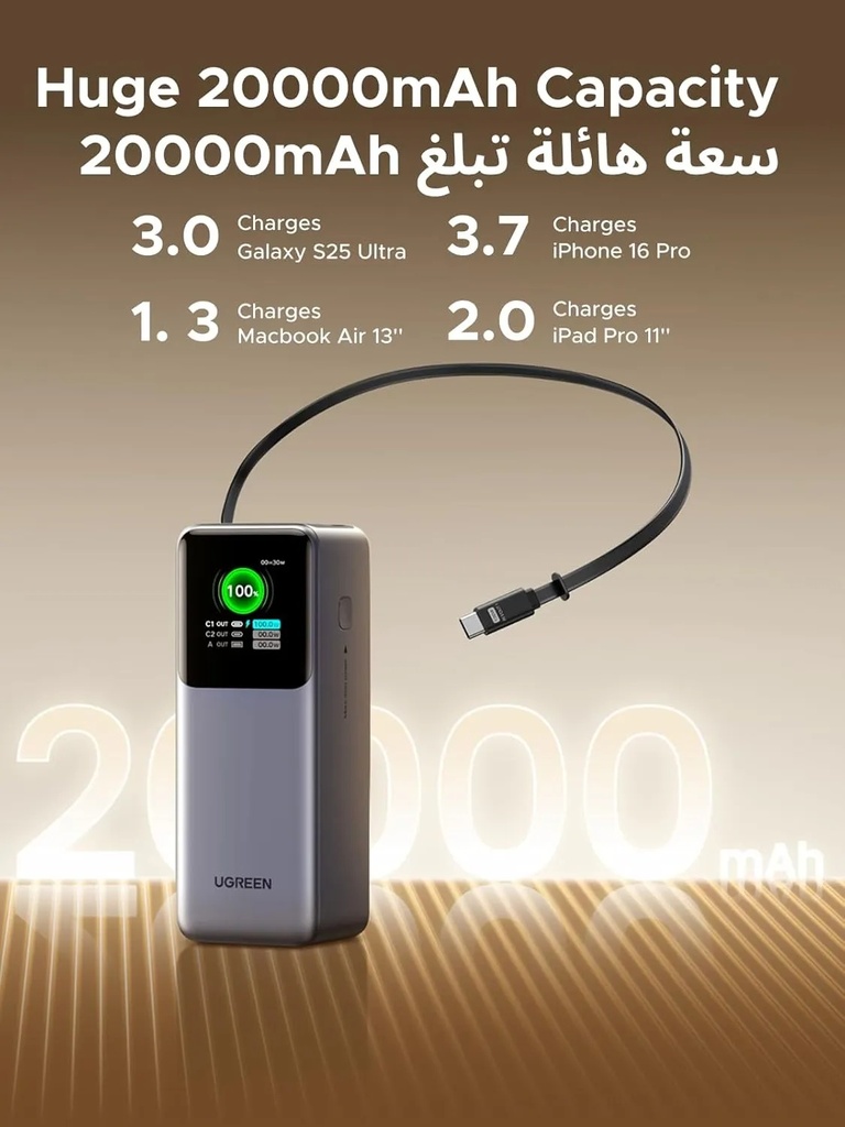 UGREEN Nexode 165W Laptop Power Bank 20,000mAh – Built-in Retractable USB-C Cable, 100W Fast Charging | PB726 \ 55987B |
