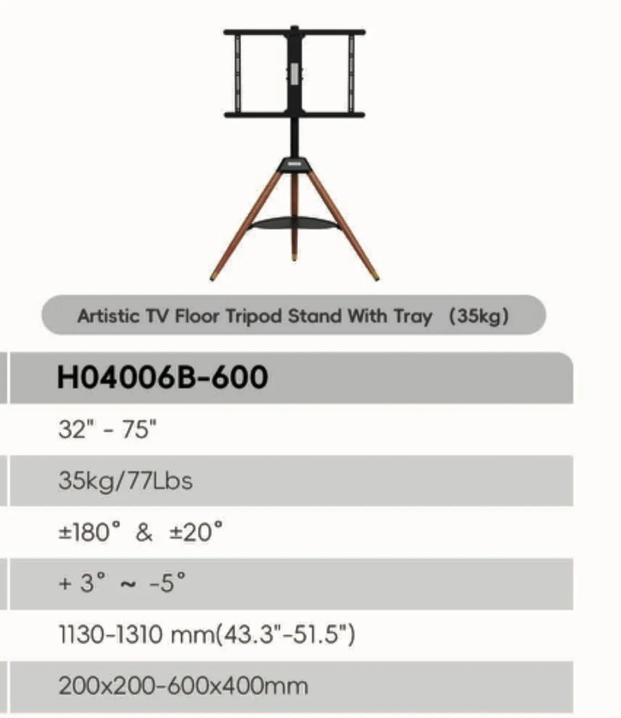 Alebdaa Luxury Wooden Three-Leg MoveUp TV Stand with Shelf – Artistic Tripod Design for 32–75" TVs | H04006B-600 |