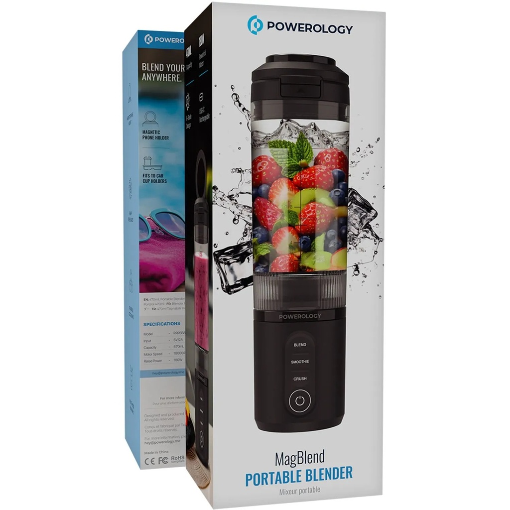 Powerology MagBlend Portable Blender with Magnetic Phone Mount – 470mL, 6 Steel Blades, Ice Crushing, Multi-Mode Blending, USB-C Rechargeable | PRPBB8301 |