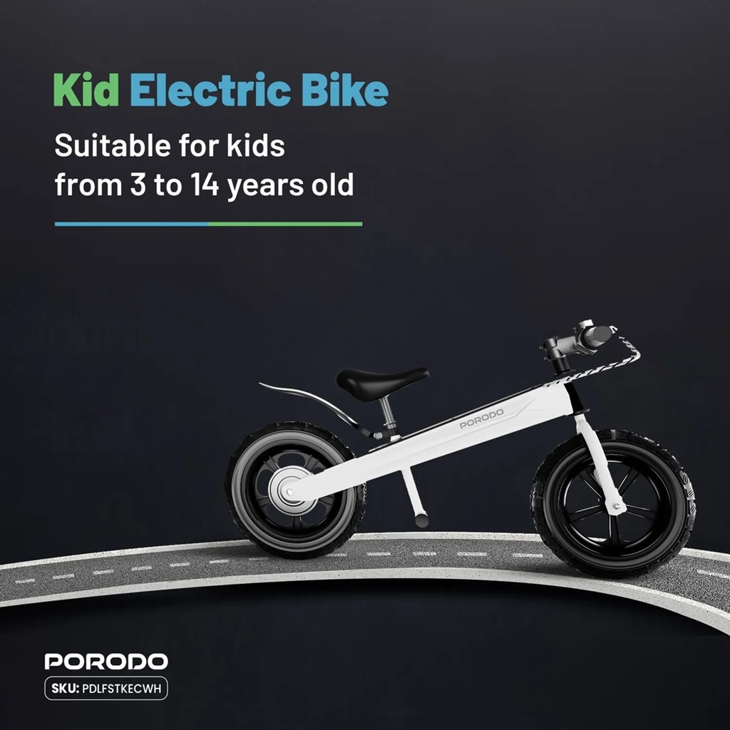 Porodo Lifestyle Joy Cruiser Kids Electric Bike – 2600mAh, 3 Gears, LED Display, Brushless Motor, Max Speed 15 km/h, Ages 3–14 | PDLFSTKECWH |