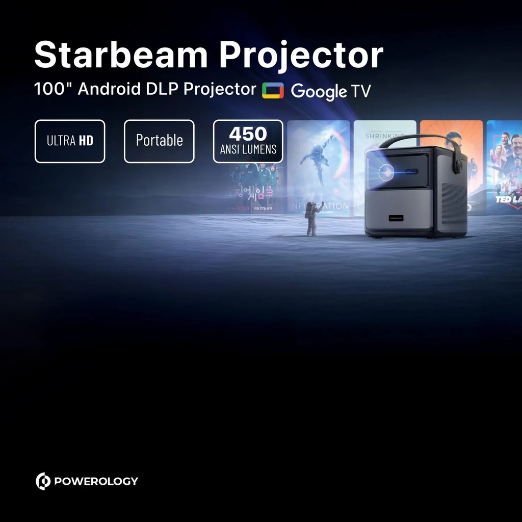 Powerology Starbeam 100 inch 4K GTV Projector – Android 9, Google TV, Brightness 450 ANSI, Full HD, 3D Support, 15000mAh Battery, USB & HDMI Connectivity, Laser Auto-Focus, Portable Home Entertainment Projector, With One Year Free SUB | PGTVPBK |