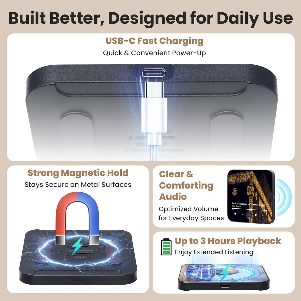 Quran Magnetic Speaker For Fridge | USB-C Rechargeable, Button Control | Islamic Fridge Magnet Audio Player | Perfect Ramadan & Eid Gift