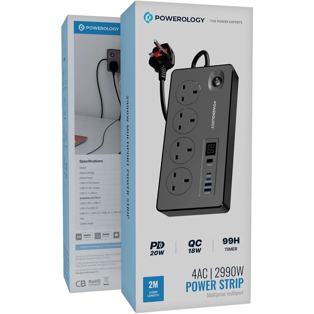 Powerology 2990W Power Strip with 4 AC Sockets, Dual USB-C PD & Dual USB-A QC, Digital Display, 99H Timer and 2m UK Plug | PWCUQC045BK |
