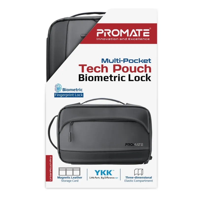 Promate Multi-Pocket Tech Pouch with Biometric Lock | UrbanPouch-Pro |